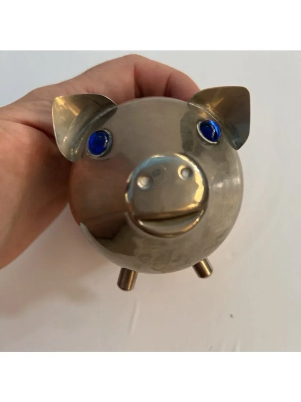 Vintage Silverplated Metal Piggy Bank w/ Blue Rhinestone Crystal Eyes Hong Kong